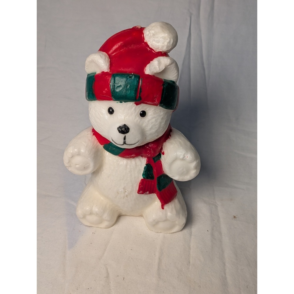 Vintage Christmas Polar Bear Wax Figurine Red Green Scarf Hat Holiday Decor - Picture 1 of 8
